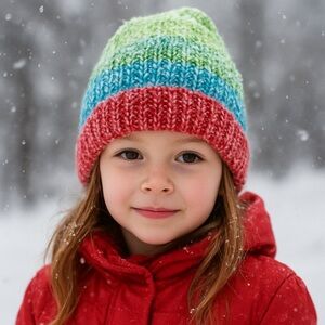 Handmade Children’s Knit Beanie – Colorblock Winter Hat – Green/Blue/Red
